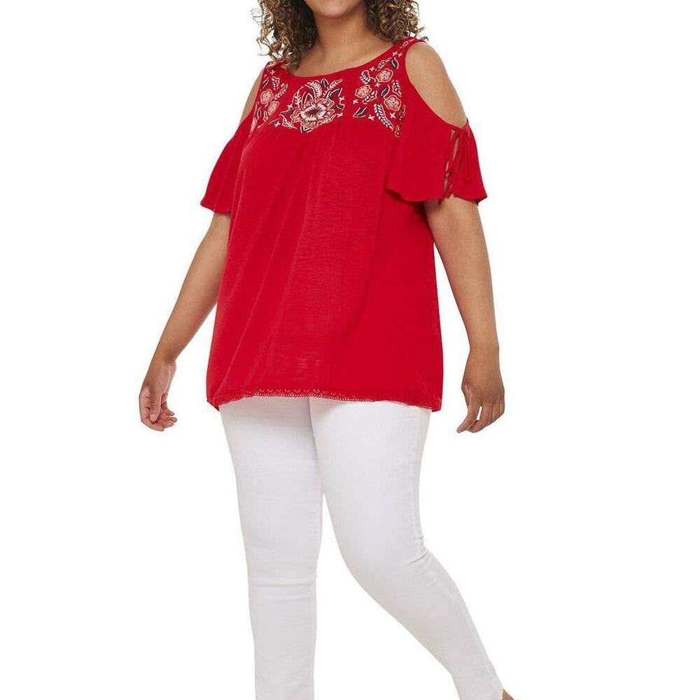 Fourteenth Place Womens Cold Shoulder Embroidery Blouse Red Plus Size 2X NWT